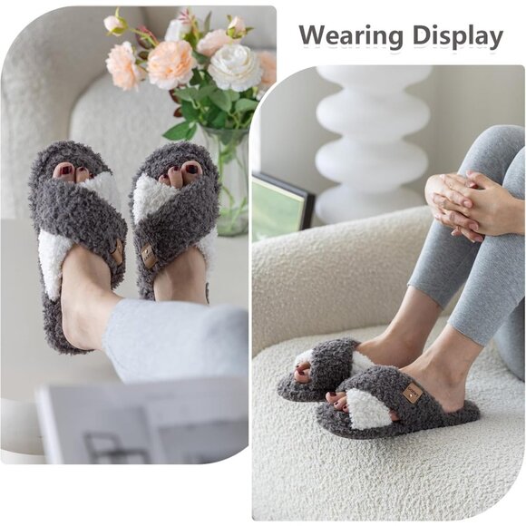 ⚡Women’s Grey White Faux Fur Cozy Fuzzy Cross Band Slippers Indoor House Shoes - Picture 2 of 6